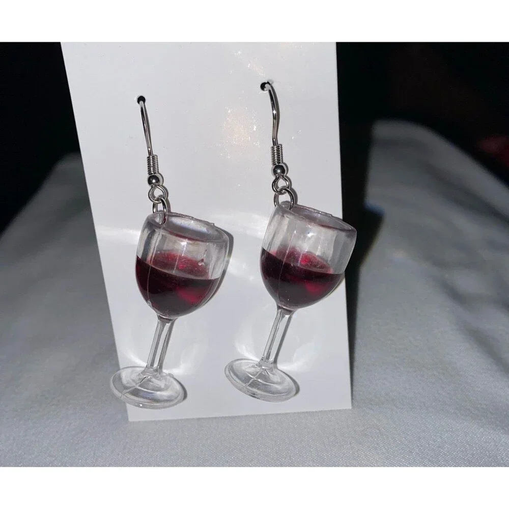 Earrings Wine Glass w/ Red Wine Dangle Lightweight Winery Party Drink Whimsical